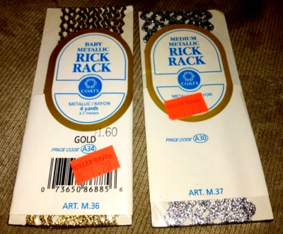 VINTAGE COATS & CLARK METALLIC RAYON MED SILVER & BABY GOLD  RICK RACK 80s ORIG - Image 1 of 3