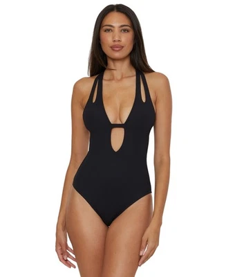 Traje de baño de una pieza con textura de borde moderno Becca para mujer 541957 negro M Foto 1 de 4