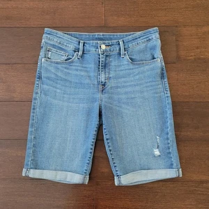 Levi's Womens Size 29 Cuffed Distressed High Rise Bermuda Denim Shorts 9" Inseam - Picture 1 of 10