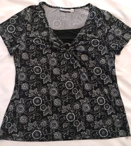 EUC WOMEN CROFT BARROW BLACK FLORAL STRETCH SHORT SLEEVE PULL-OVER BLOUSE TOP L - Picture 1 of 12
