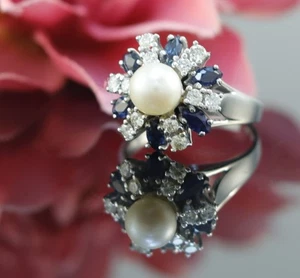 Perl Ring mit Brillanten und Saphiren in 585er / 14 Karat Weiß Gold XXYY - Bild 1 von 6