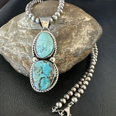 Кулон навахо из чистого серебра с голубой бирюзой 2 камня 18191 - Изображение 1 из 4