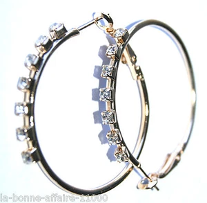 BOUCLES D'OREILLES BIJOUX FANTAISIE CREOLE dorée strass tendance soirée mode - Picture 1 of 1