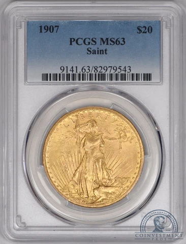 1907 $20 Saint Gaudens Gold Double Eagle PCGS MS63 Cover