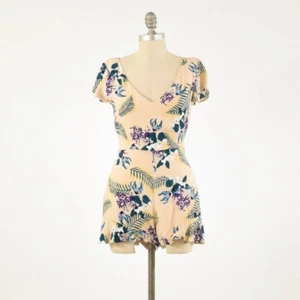 For Love & Lemons Romper S/M Beige Floral Dainty Ruffled V-Neck Flutter Shorts - Picture 1 of 5