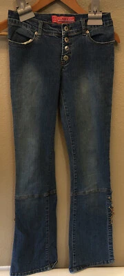 Pantalones de mezclilla con botones altos impresionantes pantalones de mezclilla besos abiertos acampanados pierna cuero corbata talla 3 Foto 1 de 4