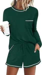 DouBCQ Women's Pajama Sets 2 Piece Long Sleeve Top and Shorts Crewneck Lounge We - Picture 1 of 8