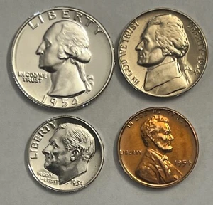 1954 PROOF 4 COINS SET, SILVER QUARTER AND DIME, CENT, NICKEL, GREAT EYE APPEAL - Picture 1 of 10