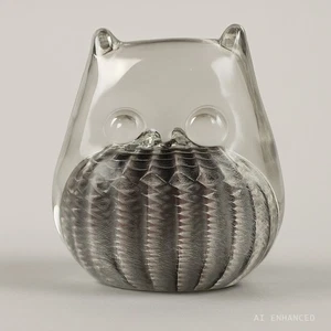 Glass Owl Paperweight – Clear with Purple Sea Urchin Feathered Swirl Art - Picture 1 of 18