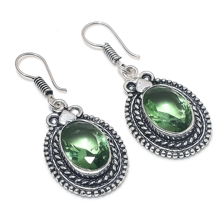 Green Amethyst Gemstone Handmade925 Sterling Silver Jewelry Earring Size 1.50" - Image 1 of 1