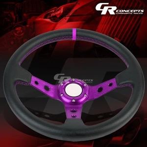 BLACK TRI-SPOKE PVC LEATHER 6-BOLT ALUMINUM RACING STEERING WHEEL PURPLE TRIM - Picture 1 of 5