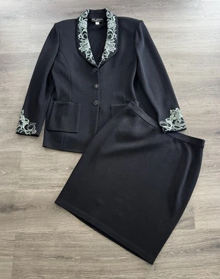 ST. JOHN Noche MARIE Gris SANTANA Tejido SWAROVSKI Cuentas Floral FALDA Traje 12 Foto 1 de 4