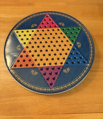 Vintage Chinese Checker Game Round Metal Tin Round Board 2-in-1 Reversible - Image 1 of 4