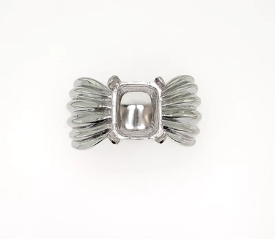 Emerald Cut Wide Ribbed Ring Setting Sterling Silver with Rhodium Finish - Image 1 of 3