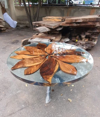 Round Walnut Epoxy Dining Table | 48” Handmade Clear Resin Tabletop | Custom Rou - Image 1 of 4