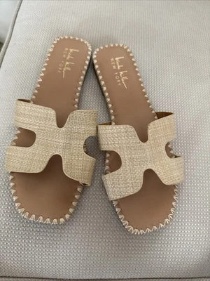 Nicole Miller “Morah” H Slides Sandals 6.5 Straw Tan EUC - Image 1 of 4