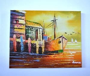 HAND PAINTED SUNSET OCEANVIEW SHIP DOCK SEAGULL 10" ART OIL PAINTING GIFT 623 - Picture 1 of 3