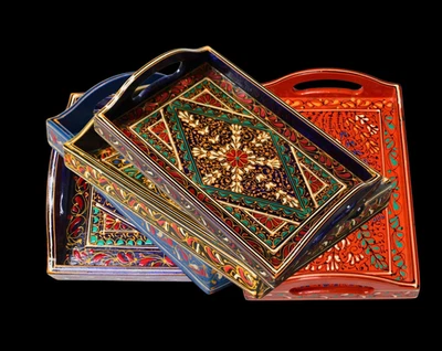 Handcrafted Pakistani Wooden Serving Tray - Vibrant Traditional Folk Art Design - Image 1 of 4