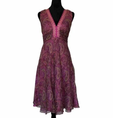 Vestido Vintage Lavandería 100% Seda Rosa Paisley Talla 6 Y2k Boho Hada Lentejuelas Acanaladas Foto 1 de 4