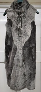 N°· Eleven Women Brown Grey Long Reversible Real Shearling Gilet UK8 - Picture 1 of 5