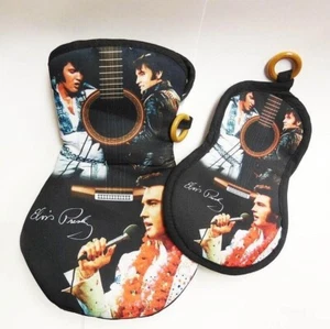 Nuevo juego de guante y soporte de horno negro guitarra de cocina Elvis Presley foto del rey - Imagen 1 de 2
