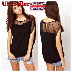 Damen Sommer Tupfen Netz Garn Nähte Asymmetrisch Kurzarm Tops Bluse - Bild 1 von 4