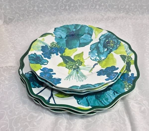 3 Opalhouse Melamin grün blau Blumen Abendessen und 3 Salatteller - LESEN - Bild 1 von 12