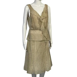 Set gonna senza maniche con arricciacapelli e linea per bucato 100% seta marrone chiaro oro taglia 8 - Foto 1 di 11