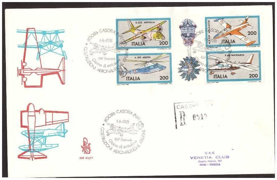 FDC Venetia Club 1981 - Block Planes Bustone Viaggiata Racc - Image 1 of 1
