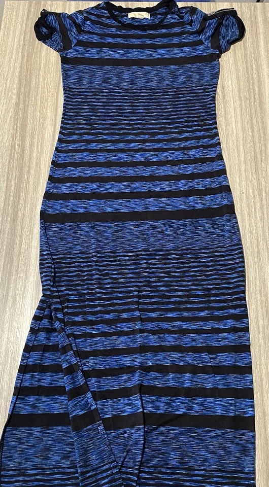 Maxi Vestido Michael Michael Kors Jersey Tejido-Negro, Rayas Azules-Detalle Cremallera-XS Foto 1 de 4