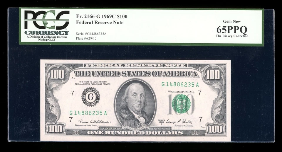 DBR 1969-C $100 FRN Chicago Fr. 2166-G Gem PCGS 65 PPQ Serial G14886235A - Image 1 of 2