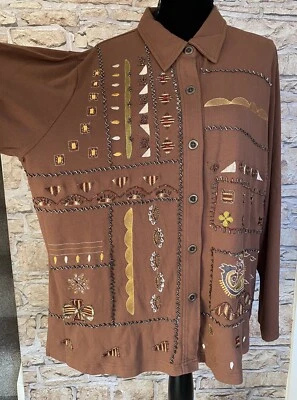 Indigo Moon Button Up Shirt Blouse Long Sleeve Brown Embroidered Beaded XXL 2XL - Image 1 of 4