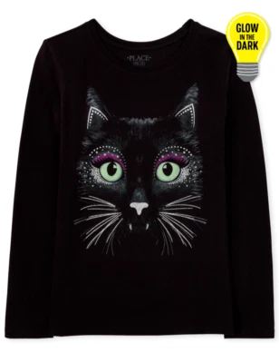 The Childrens Place Girls Glow Black Cat Graphic Tee Small 5/6 Long Sleeve NWT - Image 1 of 3