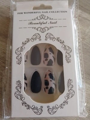 Black Pink False Nails Dalmatian Mix Match Press On Cow Animal Print Tuxedo Cat - Image 1 of 4