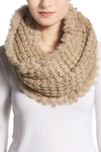 LA FIORENTINA Infinity Scarf with Genuine Rabbit Fur Trim Fringe / Tan  - Picture 1 of 3