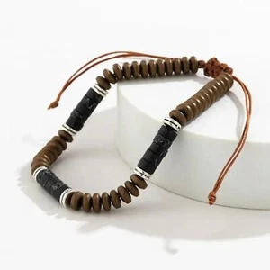 Black Natural Stone & Brown Bronze Alloy Beaded Adjustable Rope Bracelet NEW - Picture 1 of 8