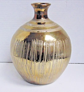Ceramic Vase with Vertical Lines - Gold 9" Tall - Picture 1 of 4