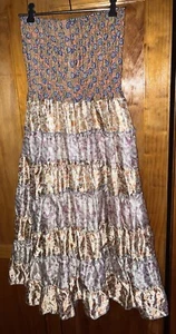 Boho Skirt Patchwork Silk Tiered Ruffle Maxi Skirt~Shirred Waist~Free Size - Picture 1 of 4
