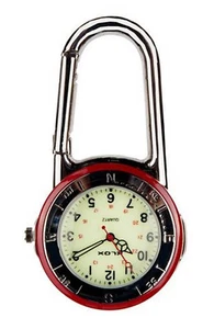 Shiny Silver Clip On Carabiner Red & Silver Bezel Luminous Face Doctor FOB Watch - Picture 1 of 4