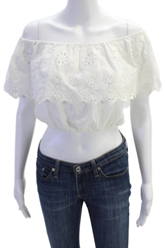 Miguelina Womens Cotton Off The Shoulder Geometric Eyelet Crop Top White Size S - Image 1 of 4
