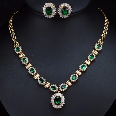 Conjunto de joyas de circón nupcial boda enchapado en oro collar ovalado de lujo para mujer Foto 1 de 4