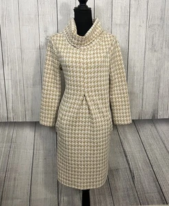 Tyler Boe Women's Small Tan & White Houndstooth Cowl Neck Classic Mini Dress - Picture 1 of 12