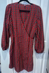 Old Navy rotes Puffärmel Schottenkaro Wickelkleid XL Weihnachten Preppy - Bild 1 von 17
