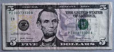 2017 Fancy Number $5 Five Dollar Bill Federal Reserve Note 00373330 - Image 1 of 2