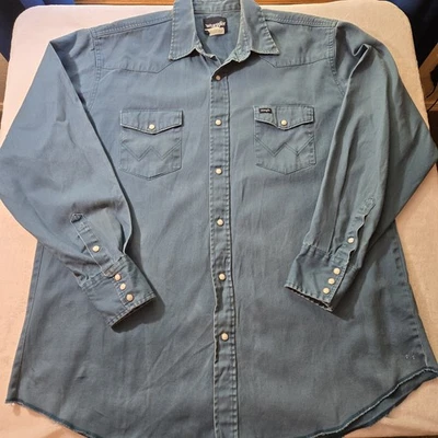 Men's Wrangler Blue Distressed Denim Cowboy Cut Pearl Snap Shirt Western  SZ 3XL - Image 1 of 4