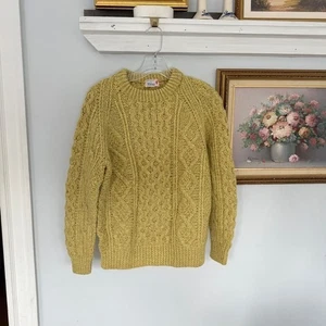 Vintage Filenes Pure New Wool Irish Aran Cable Knit Sweater Mustard M Fisherman - Bild 1 von 7