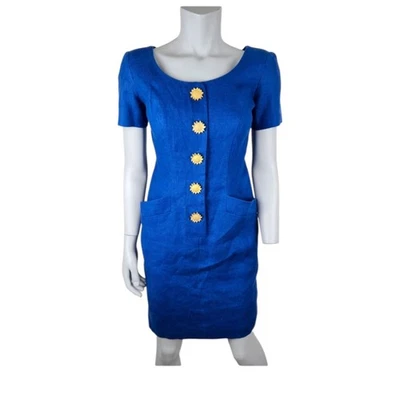 Talbots Cocktail Dress Small  Blue 100% Linen Gold Sunflower 80s 90s Vintage - Image 1 of 4