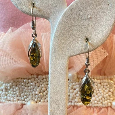 Sterling Silver Dangle Earrings Green Amber Stone Teardrop Shape Hook Fashion - Image 1 of 4