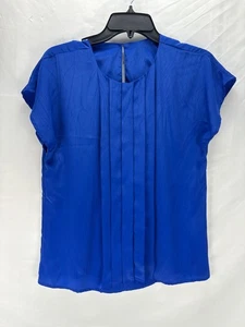 Michelle Stuart Royal Blue Blouse Size S Vintage Satin Pleated Round Neck Career - Picture 1 of 7