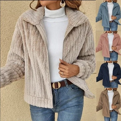 Ladies Zip Up Teddy Bear Fluffy Winter Coat Fleece Jacket Outwear Tops Plus Size - Image 1 of 4